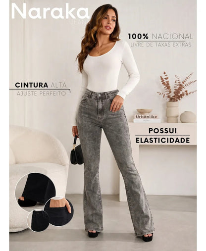 Calça Jeans Flare Feminina Cintura Alta Com Elastano