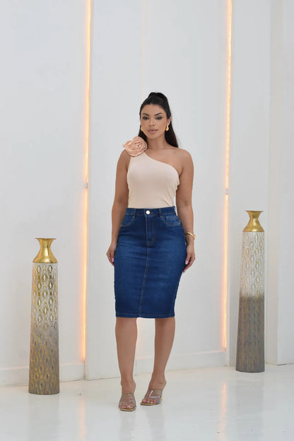 Saia Jeans Feminina Evangelica Cintura Alta Midi