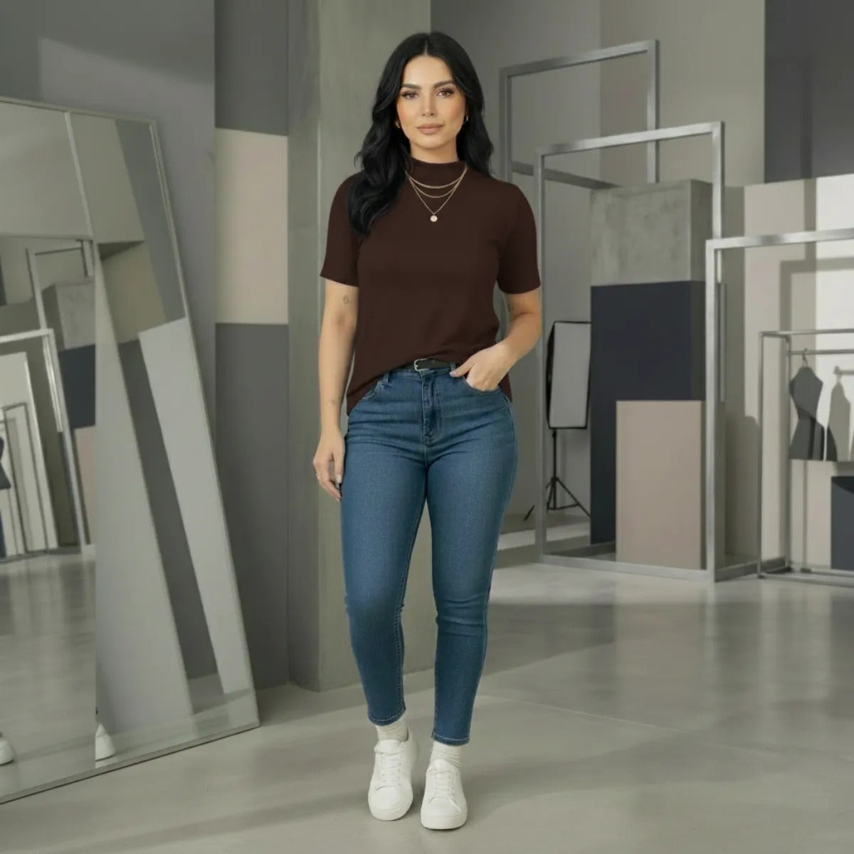 Kit 2 Blusas Camiseta Feminina T Shirt Gola Alta Inverno