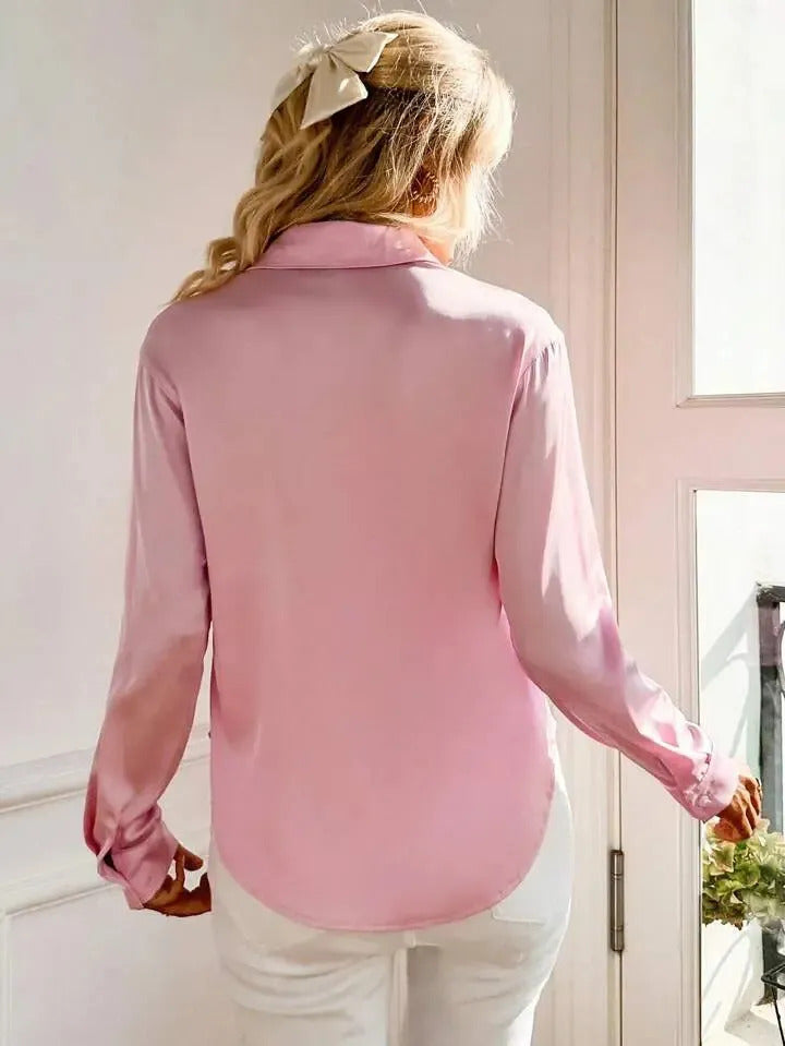 Camisa Seda Feminina Botão Gringa Blusa Moda Clássica 2026