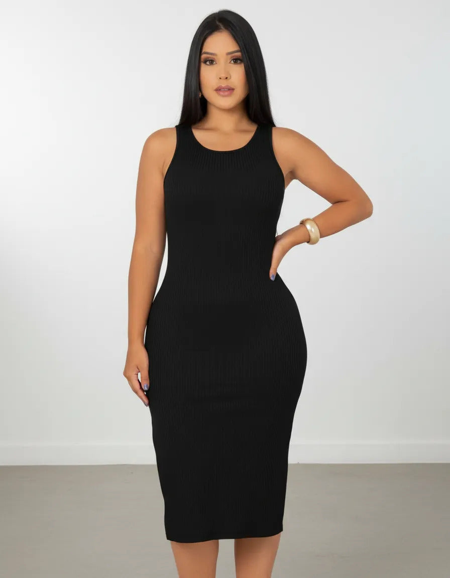 Vestido Canelado Midi Regata Com Fenda Zero Transparência