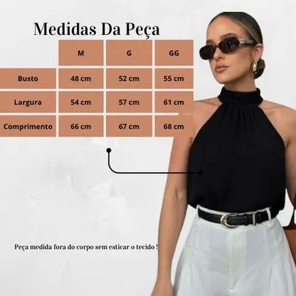 Blusa Feminina Regata Gola Alta Plissada Elegante