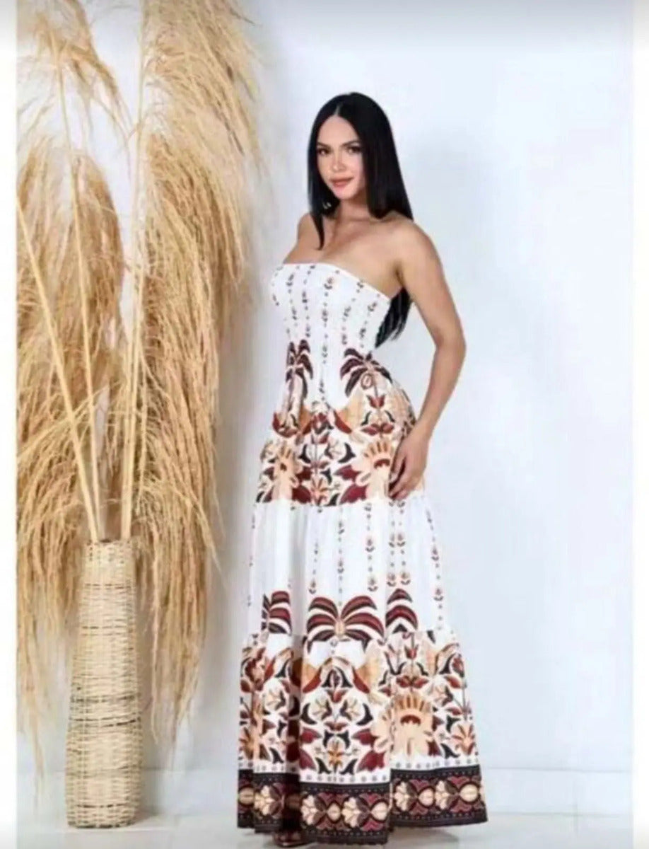 Lightweight Elastic Floral Strapless Long Dress Summer Fashion