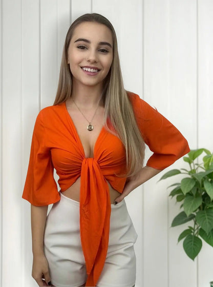 Cropped Feminino Amarração Multiformas Manga Flare