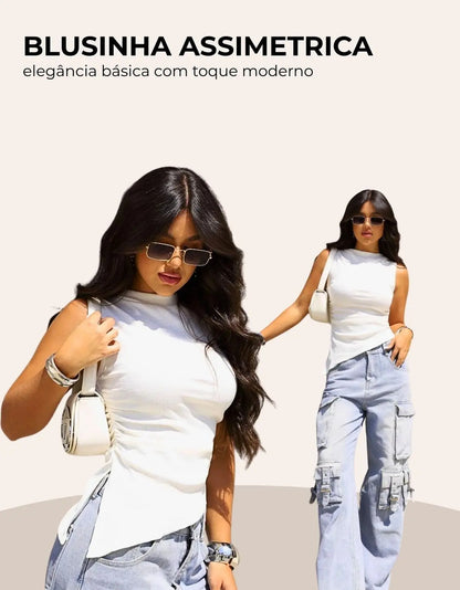 Blusa Cropped Feminina Assimétrica Ribana Canelada Premium