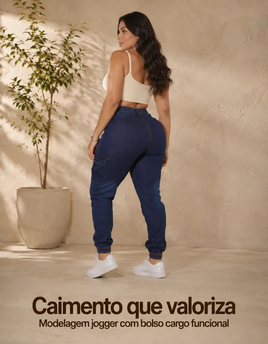Calça Cargo Jogger Jeans Feminina Cintura Alta Com Lycra