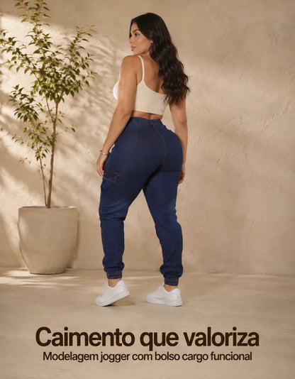 Calça Cargo Jogger Jeans Feminina Cintura Alta Com Lycra