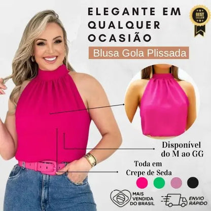 Blusa Feminina Regata Gola Alta Plissada Elegante
