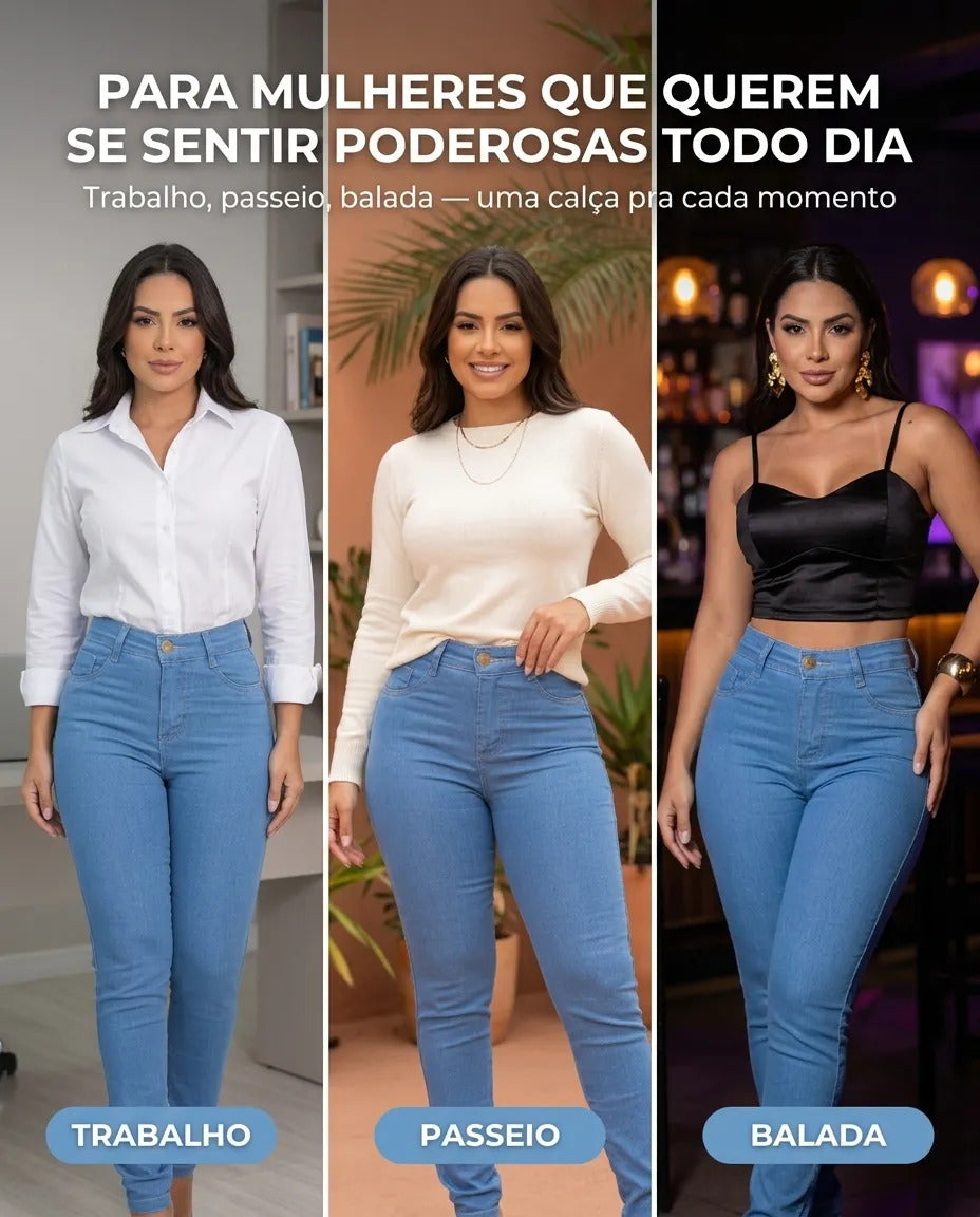 Calça Feminina Jeans Cintura Alta Skinny Levanta Bumbum