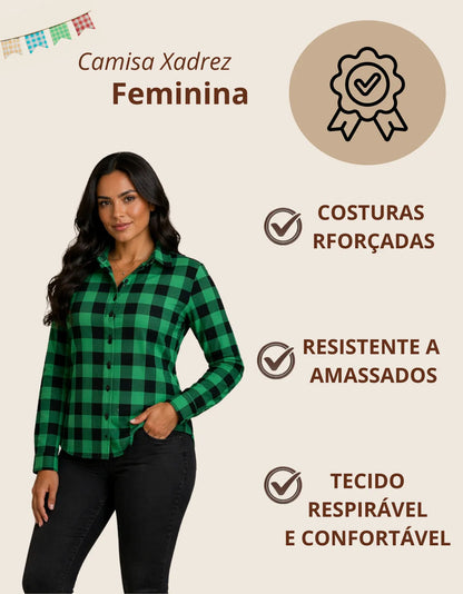 Camisa Xadrez Longa Blusa Manga Festa Junina Social De Botão