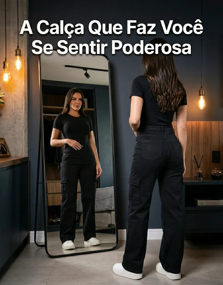 Calça Cargo Feminina Wide Leg Cintura Alta Jeans  Stillger