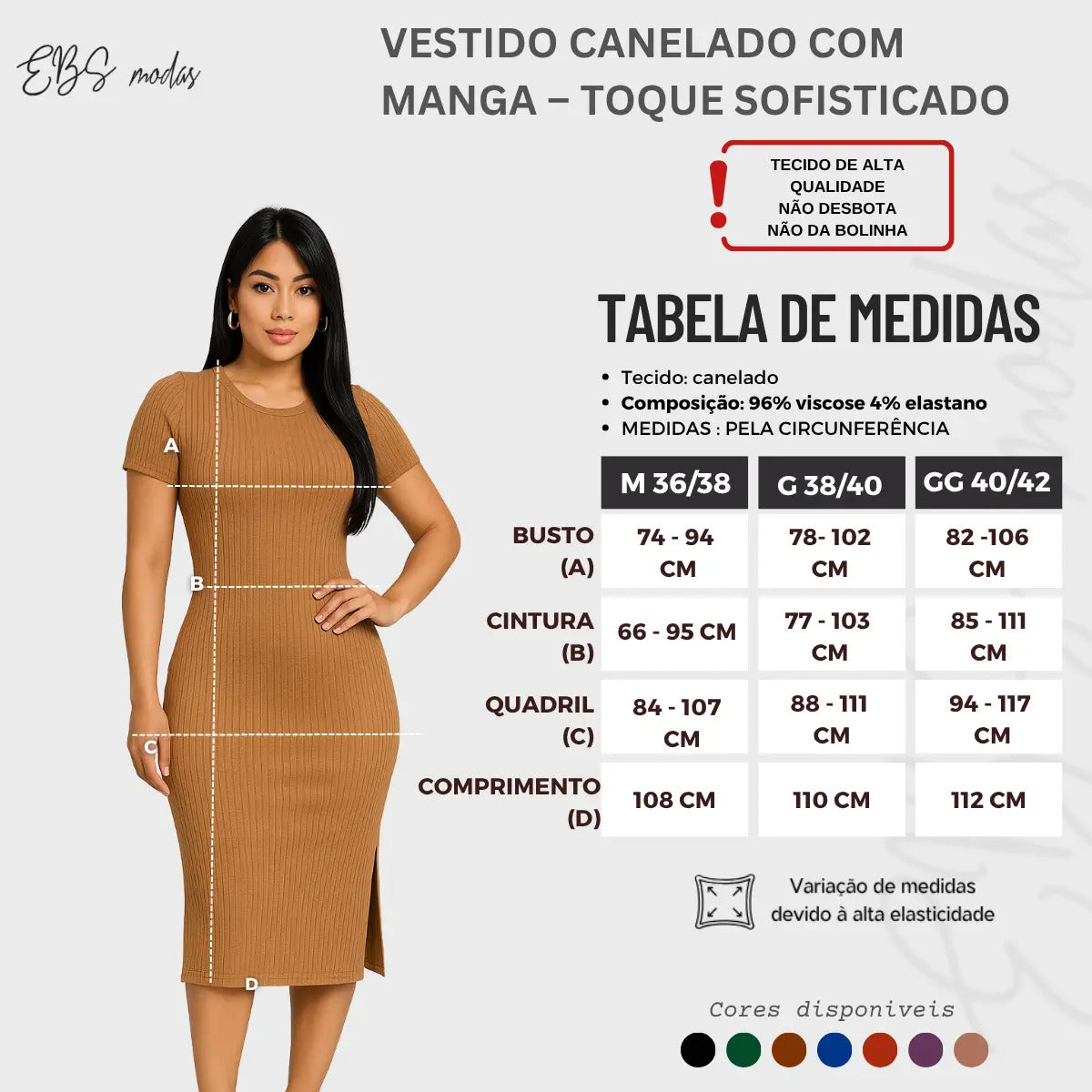 Vestido Canelado Midi Com Manga e Fenda Lateral Casual Básico