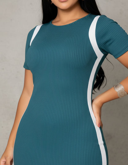Vestido Canelado Curto Com Manga Casual Básico Modelador