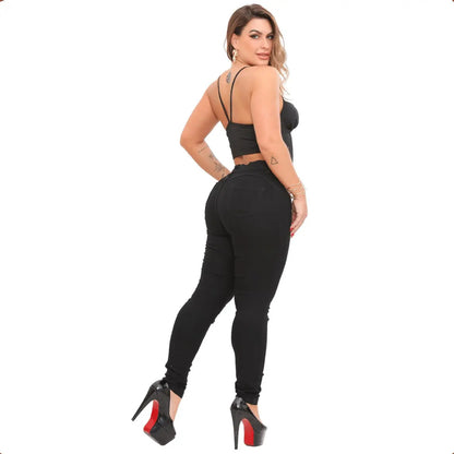 Calça Preta Jeans Feminina Com Elastano Cintura Alta Skinny