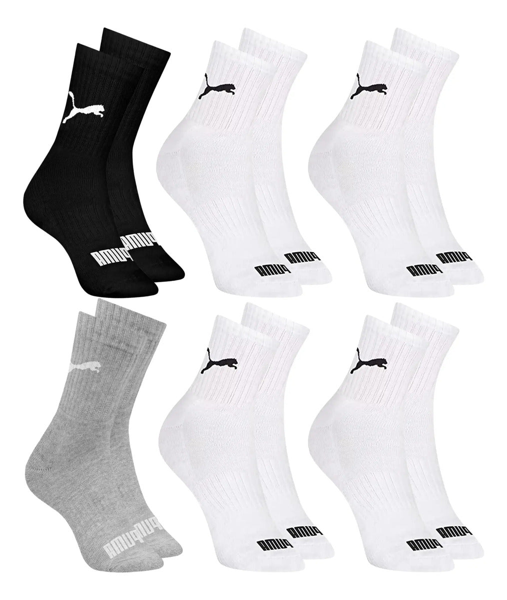 6 Pares Meias Puma Cano Médio Alto Atoalhada Academia Sport