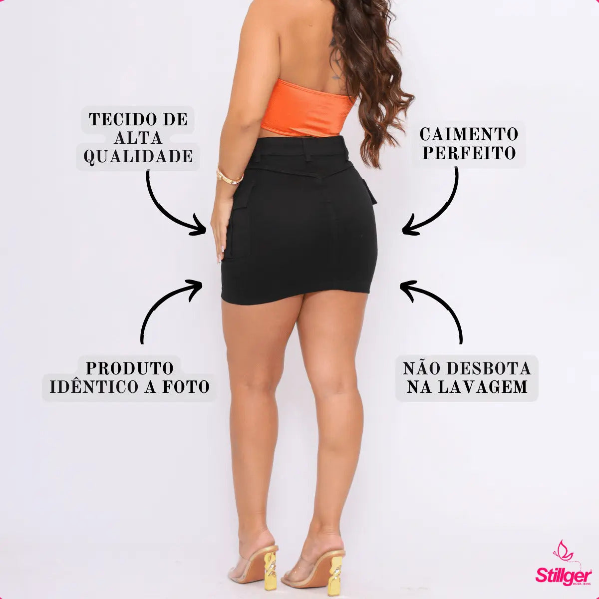 Saia Jeans Cargo Feminina Cintura Alta Com Lycra Stillger
