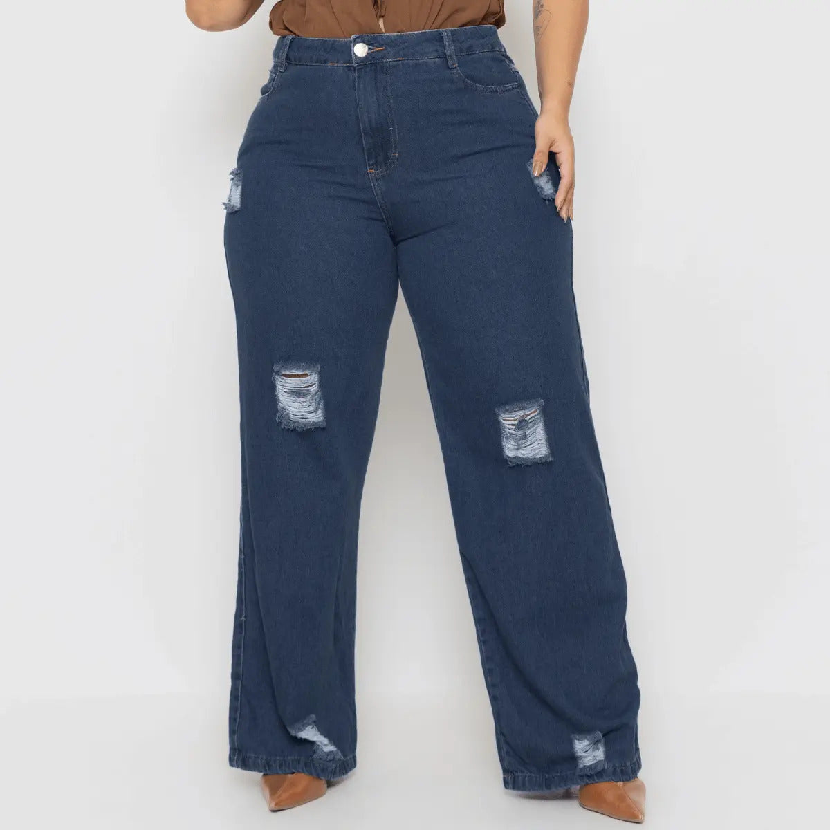 Calça Plus Size Jeans Feminina Wide Leg Levanta Bumbum