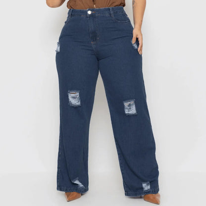 Calça Plus Size Jeans Feminina Wide Leg Levanta Bumbum