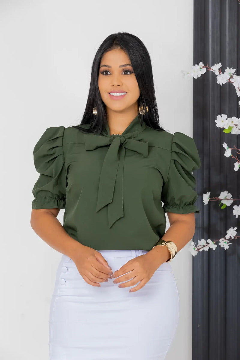 Blusa Emily Gola Laço Manga Curta Bufante