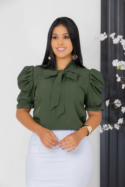 Blusa Emily Gola Laço Manga Curta Bufante