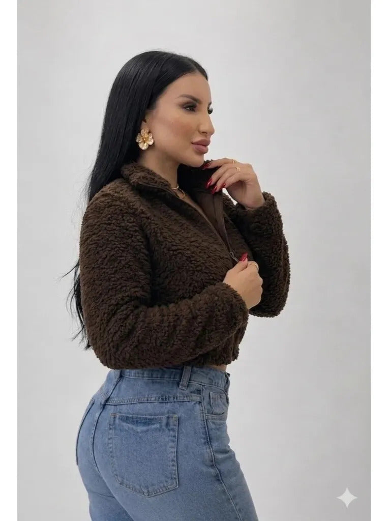 Casaco Teddy Curto Blusa Frio Pelo Feminino Cropped Pelinho
