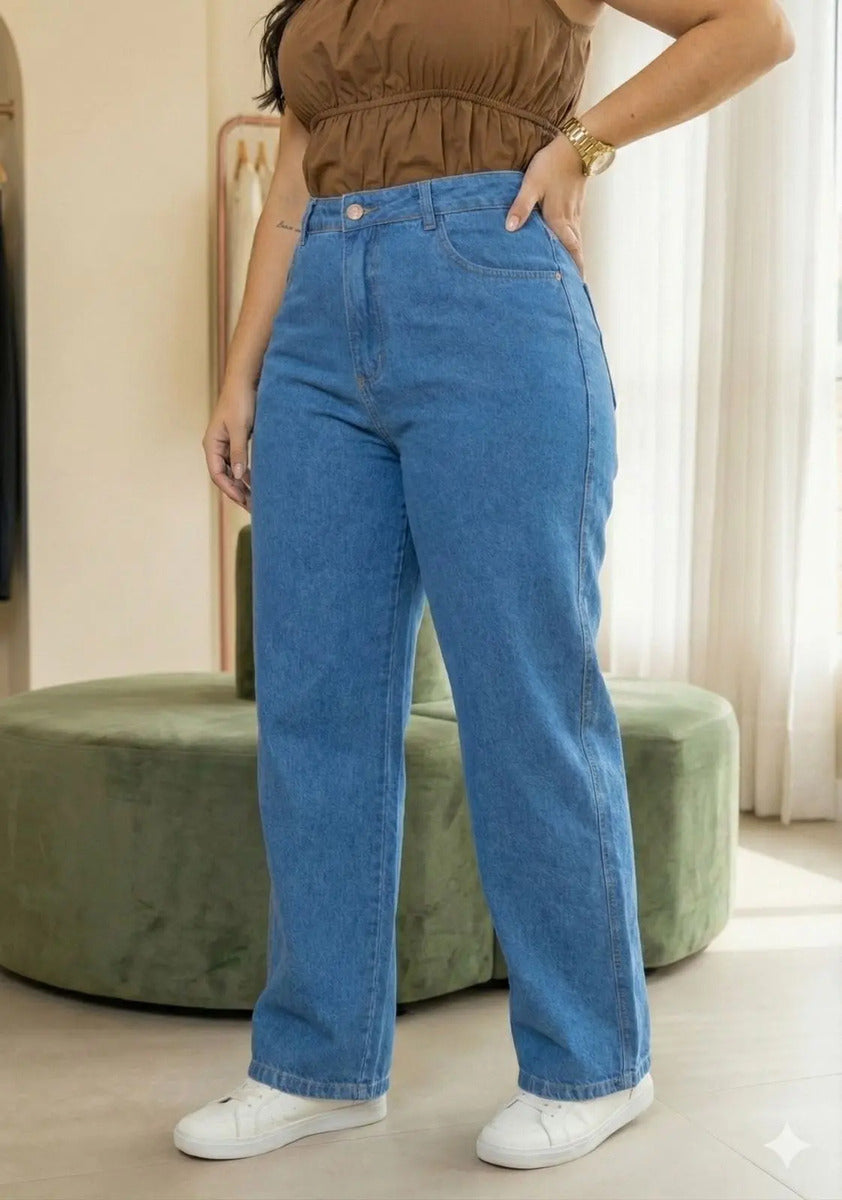 Calça Plus Size Jeans Feminina Wide Leg Levanta Bumbum