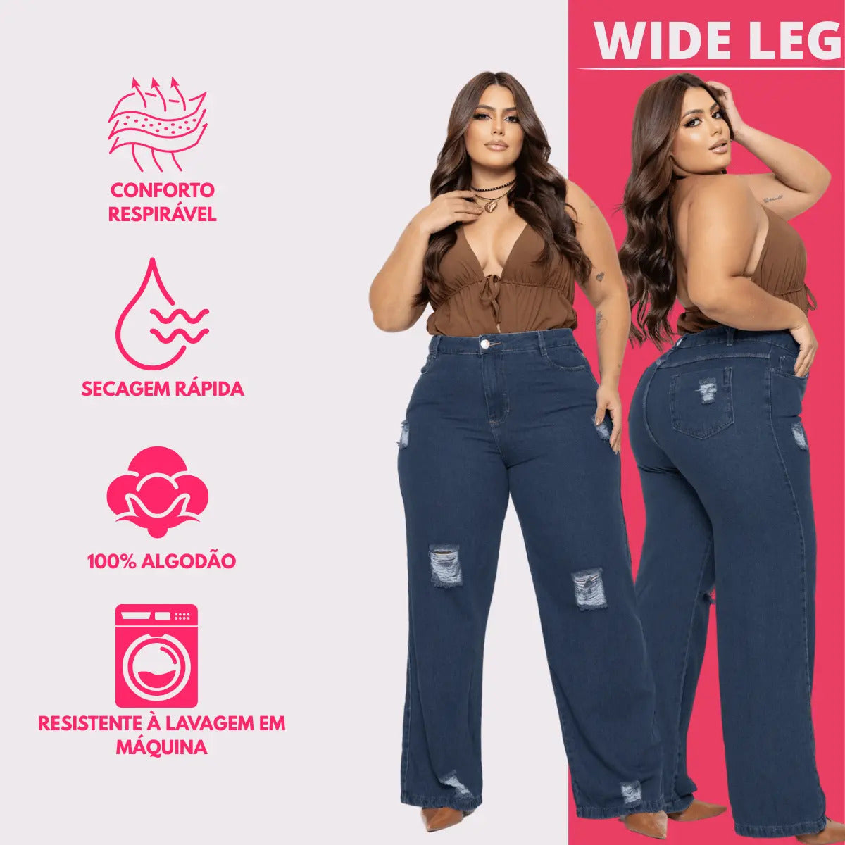 Calça Plus Size Jeans Feminina Wide Leg Levanta Bumbum