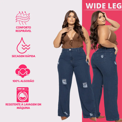 Calça Plus Size Jeans Feminina Wide Leg Levanta Bumbum