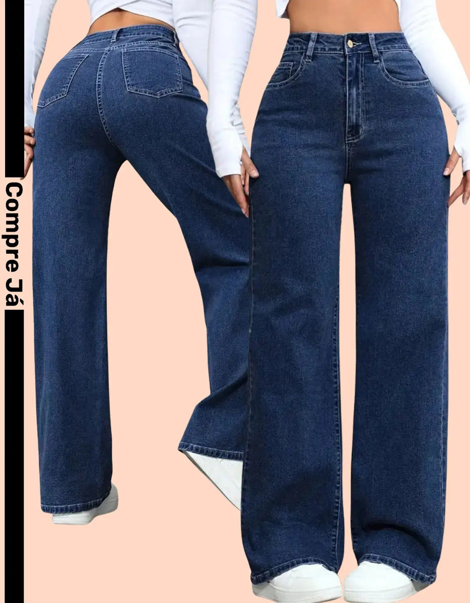 Calça Wide Leg Jeans Feminina Reta Perna Larga Empina Bumbum
