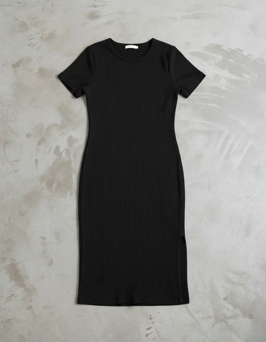 Vestido Canelado Midi Com Manga e Fenda Lateral Casual Básico