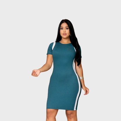 Vestido Canelado Curto Com Manga Casual Básico Modelador