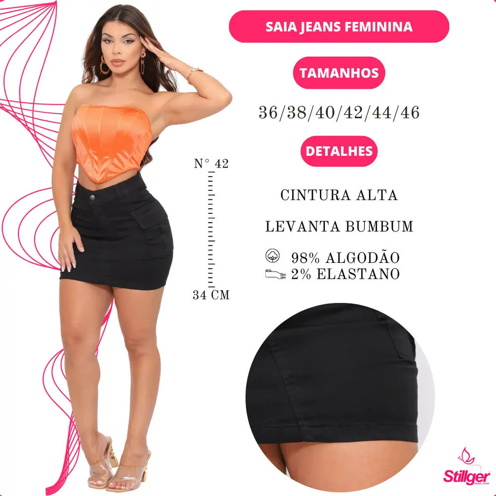 Saia Jeans Cargo Feminina Cintura Alta Com Lycra Stillger