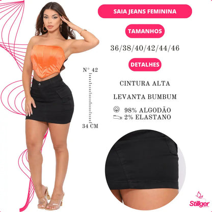Saia Jeans Cargo Feminina Cintura Alta Com Lycra Stillger