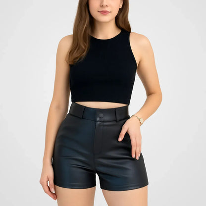 Short Feminino Couro Fake Cintura Alta C Bolsos Casual Moda
