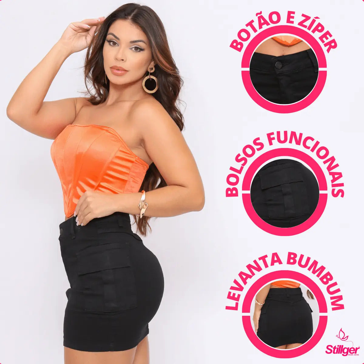 Saia Jeans Cargo Feminina Cintura Alta Com Lycra Stillger