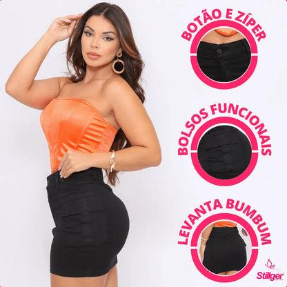 Saia Jeans Cargo Feminina Cintura Alta Com Lycra Stillger
