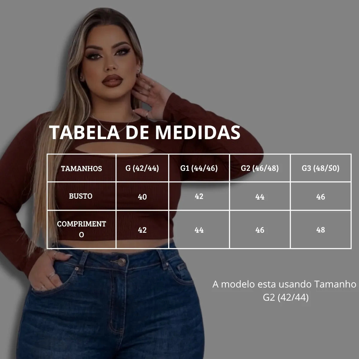 Cropped Feminino Plus Size Manga Longa Com Decote