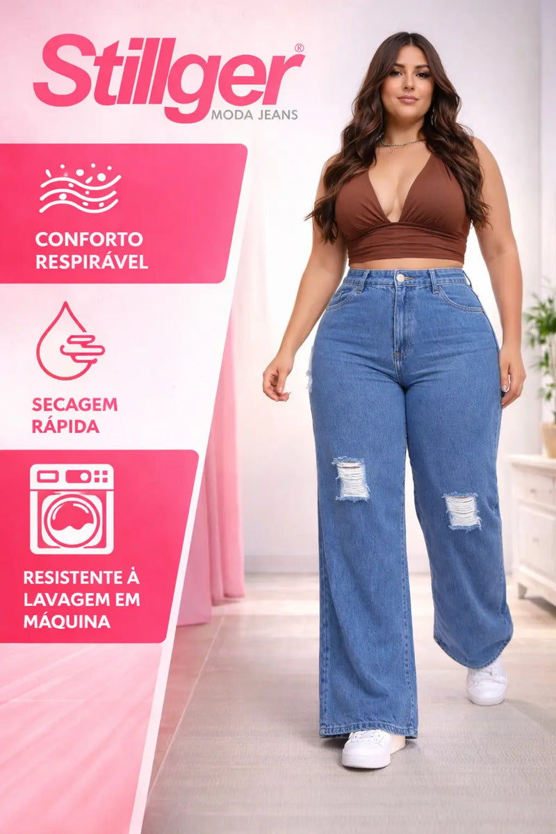 Calça Plus Size Jeans Feminina Wide Leg Levanta Bumbum