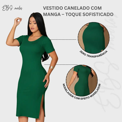 Vestido Canelado Midi Com Manga e Fenda Lateral Casual Básico