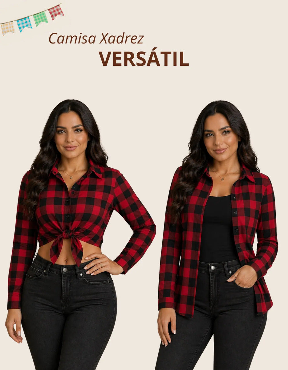 Camisa Xadrez Longa Blusa Manga Festa Junina Social De Botão