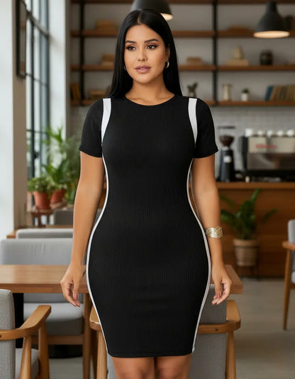 Vestido Canelado Curto Com Manga Casual Básico Modelador