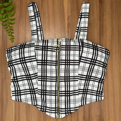 Cropped Zipper Corset Xadrez Balada Country Luxo Premium