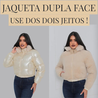 Jaqueta Feminina De Inverno Cropped Dupla Face Com Capuz