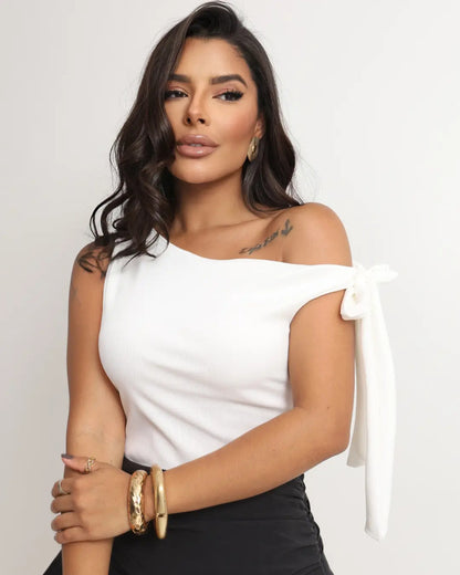 Cropped Feminino Blusa Moderno Manga Laço Amarração