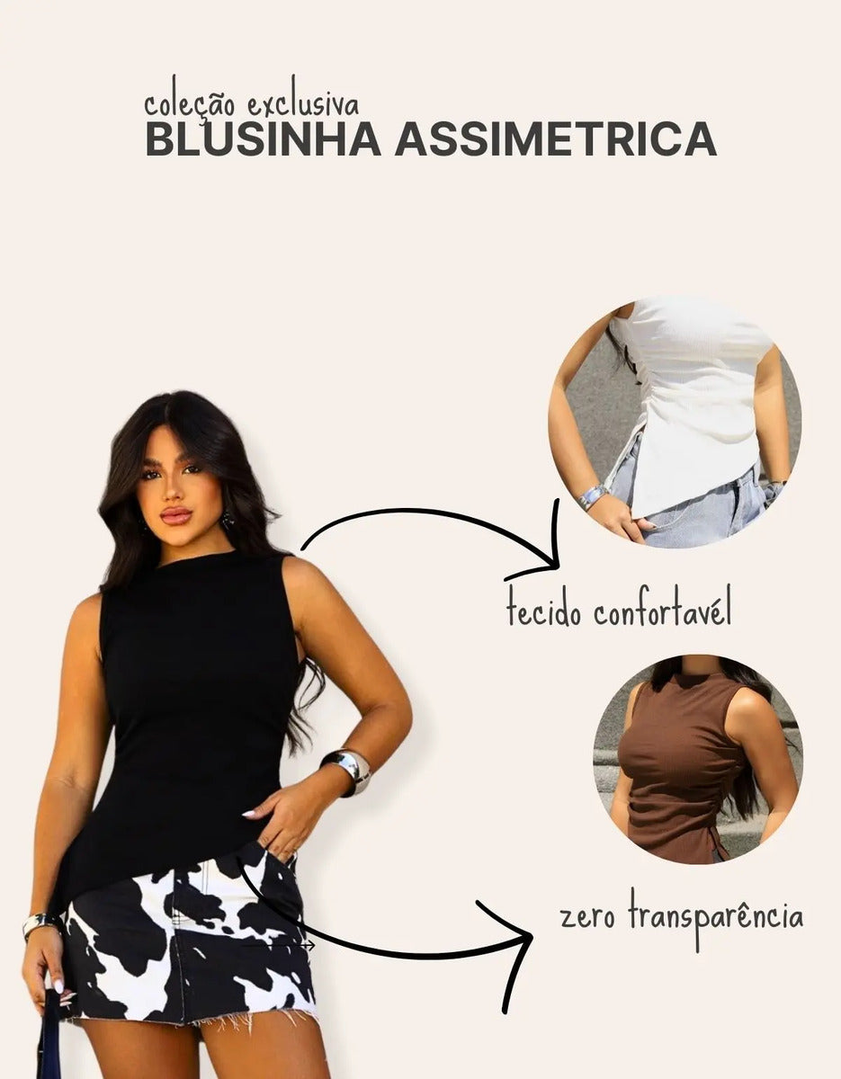 Blusa Cropped Feminina Assimétrica Ribana Canelada Premium