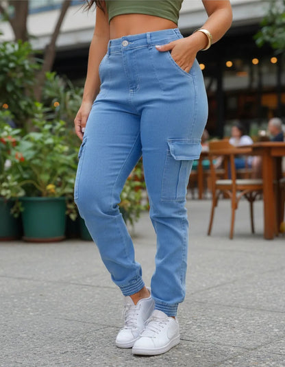 Calça Cargo Jogger Jeans Feminina Cintura Alta Com Lycra