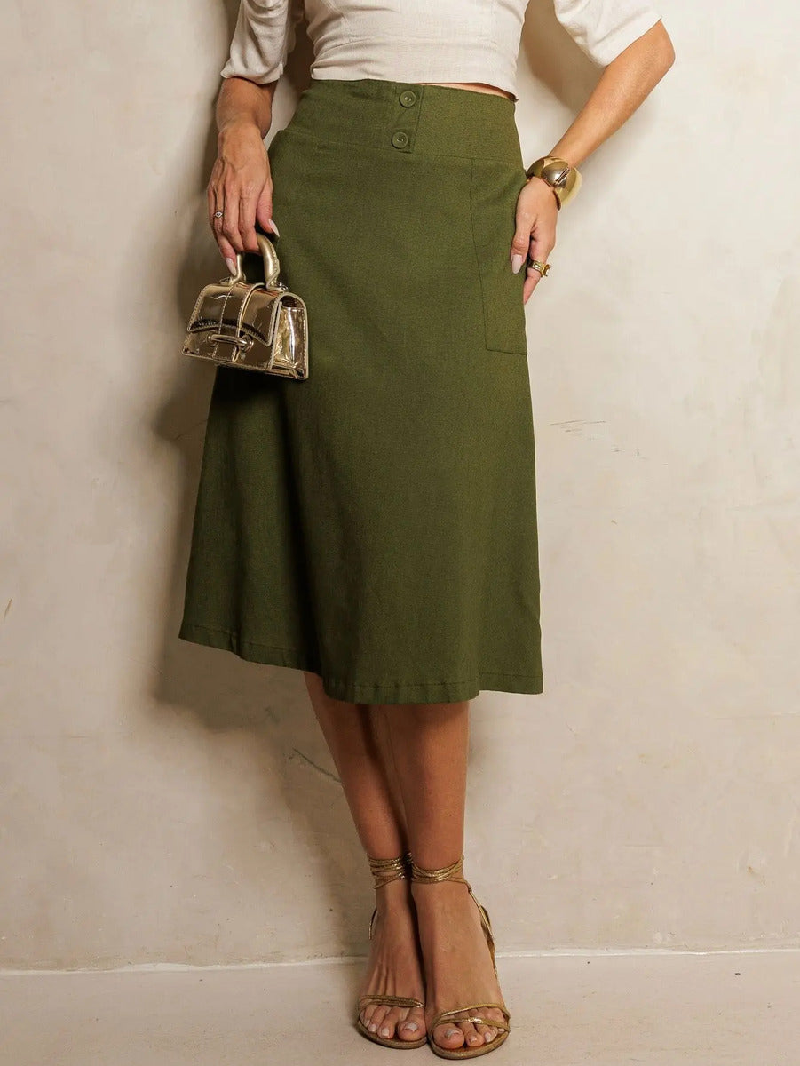 Saia Midi De Linho Elegante Com Botões Encapados
