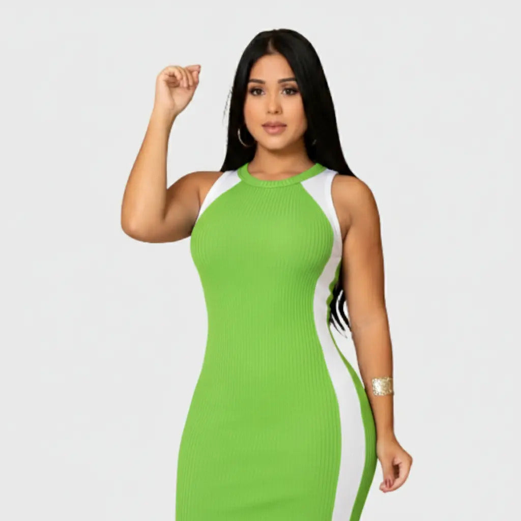 Vestido Canelado Midi Faixas Regata Casual Básico Modelador