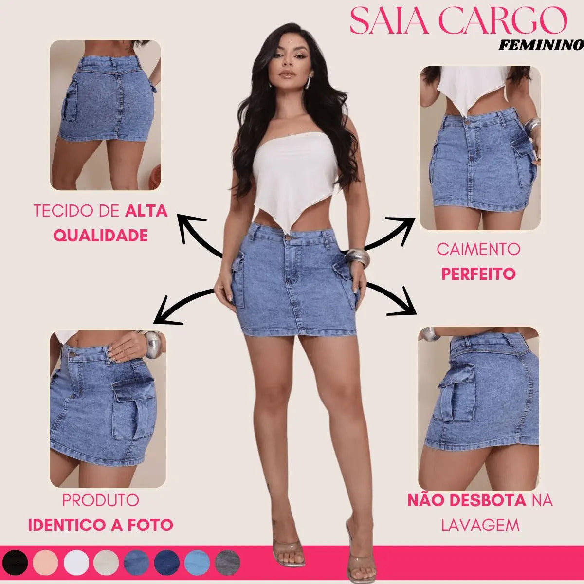 Saia Jeans Cargo Feminina Cintura Alta Com Lycra Stillger