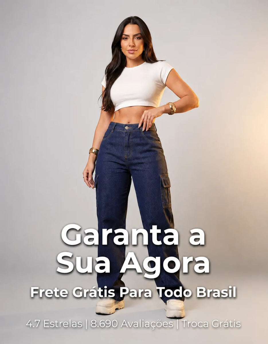 Calça Cargo Feminina Wide Leg Cintura Alta Jeans  Stillger